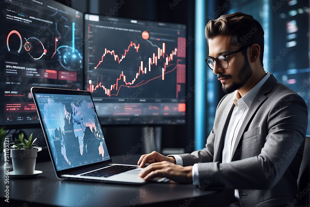 An IT professional, wearing glasses, deeply focused on analyzing the screen displaying crucial financial data An IT professional, wearing glasses, deeply focused on analyzing the screen displaying crucial financial data