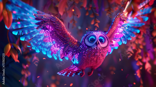 Pixarstyle forest scene with a mechanical owl vivid colors and solar panels for wings showcasing sustainability and innovation