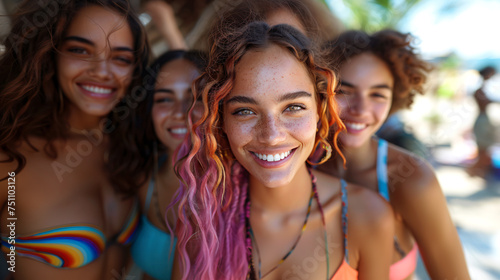 A group of diverse women with colorful hair and pink