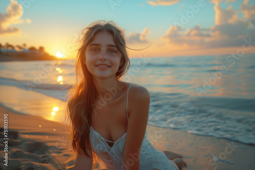 Smiling young beauty against the backdrop of a sea sunset