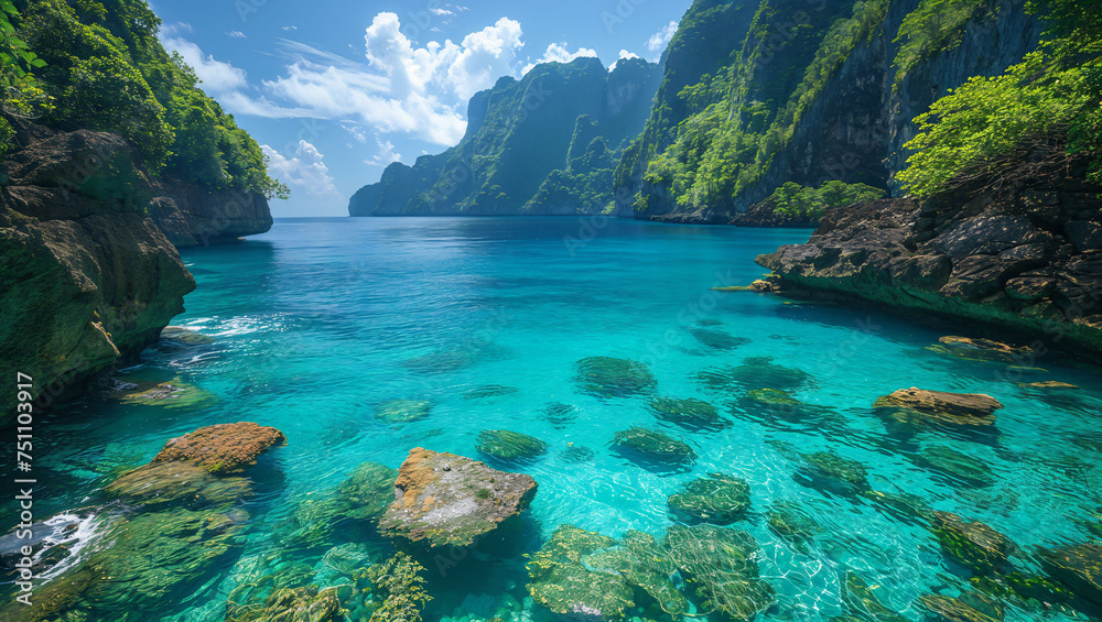 A hidden lagoon surrounded by steep cliffs, accessible only by sea, with lush vegetation and clear blue waters