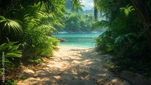 A dense tropical jungle path leading to a secluded beach  the sounds of wildlife echoing through the trees