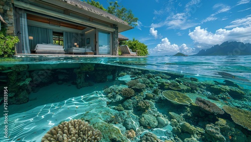 An overwater bungalow with a transparent floor  offering a direct view of the vibrant underwater ecosystem below