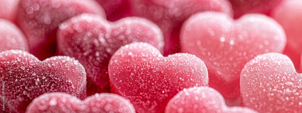 Close-up of sugary pink gummy hearts, great for sweet and romantic themed backgrounds.
Close-up of sugary pink gummy hearts, great for sweet and romantic themed backgrounds.