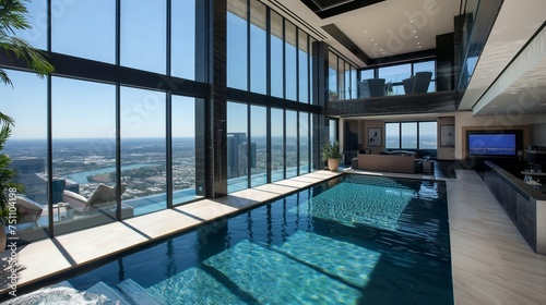 A snapshot of extravagance, where a modern pool with a glass wall overlooks the cityscape below, epitomizing luxury living © Shakeel,s Graphics