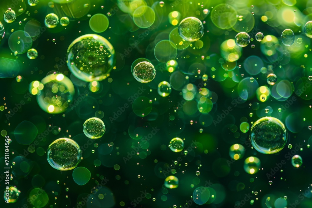 Green abstract macro bubbles in a liquid, ideal for backgrounds in science and nature-themed designs.

