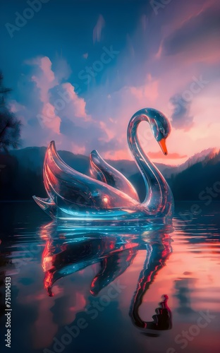 glass swan floating on a still lake. placid blue, 3d render, illustration, wallpaper background for smartphone, Lock Screen for your phone.