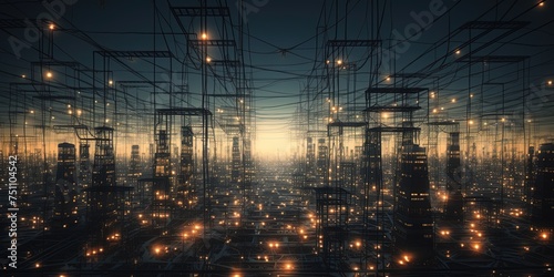 The grid, electrical grid, power grid. An electrical power grid represented by wires and small lamps.