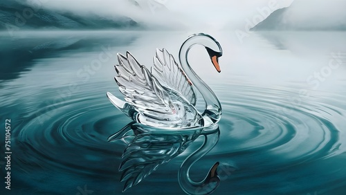 Fototapeta Naklejka Na Ścianę i Meble -  glass swan floating on a still lake. placid blue, 3d render, illustration, wallpaper background, sunset