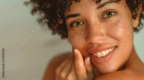 Mulher morena  de cabelos anelados sorrindo photo