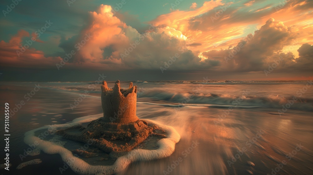 A solitary sandcastle standing proudly against the backdrop of a vast, cloud-painted sky and the rhythmic ebb of the tide. - obrazy, fototapety, plakaty 