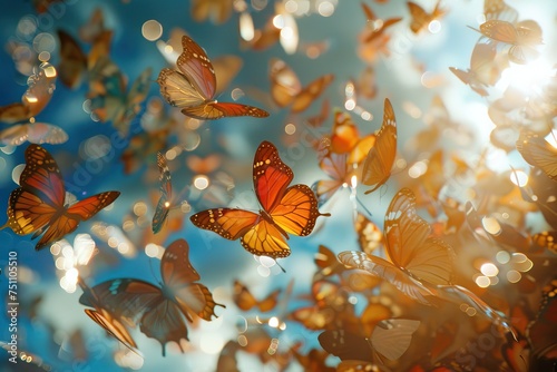 A swarm of butterflies with mirrorlike wings reflecting other worlds