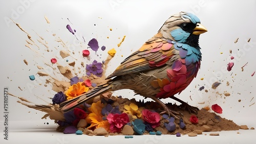 A creative and visually descriptive prompt, featuring a regal sparrow composed entirely of vibrant, exploding dust. This piece is inspired by the works of Sarah Dubuis, with a subtle yet striking pale photo