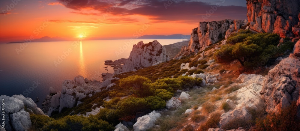 The sun is setting over the ocean, casting a warm glow on the water as it disappears below the horizon. The rocky foreground of Fiolent cape in Crimea is dotted with bushes and grass, creating a