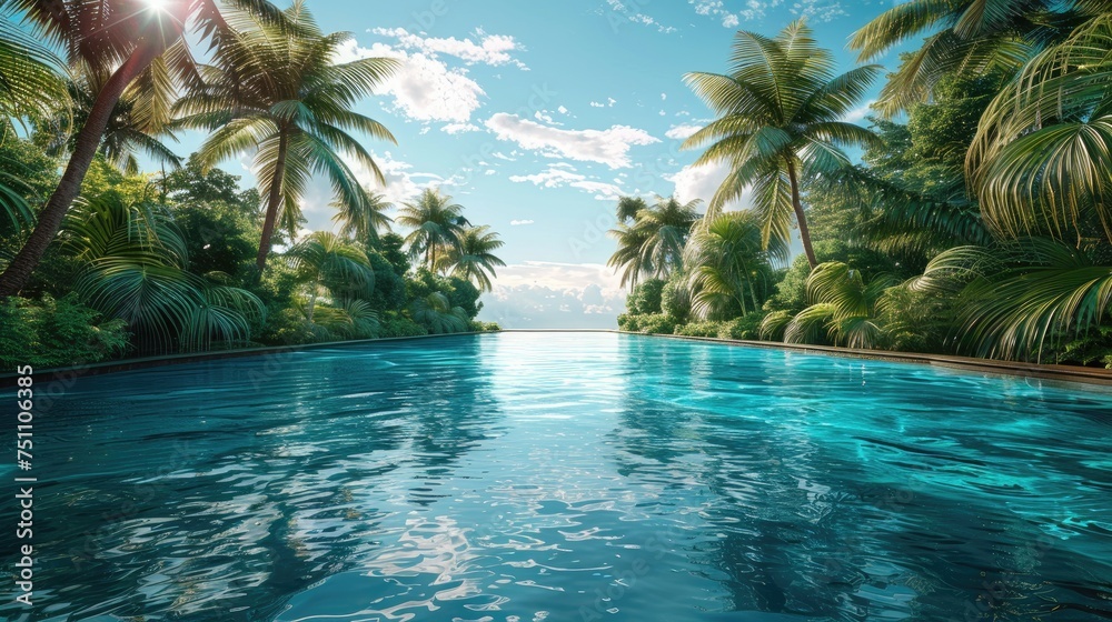 A paradise in the tropics with a crystal clear pool nearby. Generative Ai - obrazy, fototapety, plakaty 