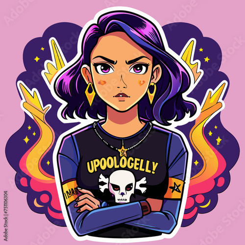 Tshirt sticker of Unapologetically Me featuring a confident girl rocking a bold graphic tee with the slogan Unapologetically Me  surrounded by edgy elements like skulls  lightning bolts