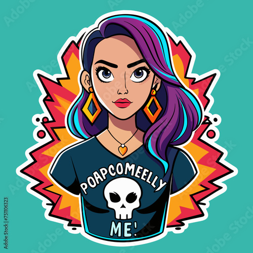 Tshirt sticker of Unapologetically Me featuring a confident girl rocking a bold graphic tee with the slogan Unapologetically Me, surrounded by edgy elements like skulls, lightning bolts