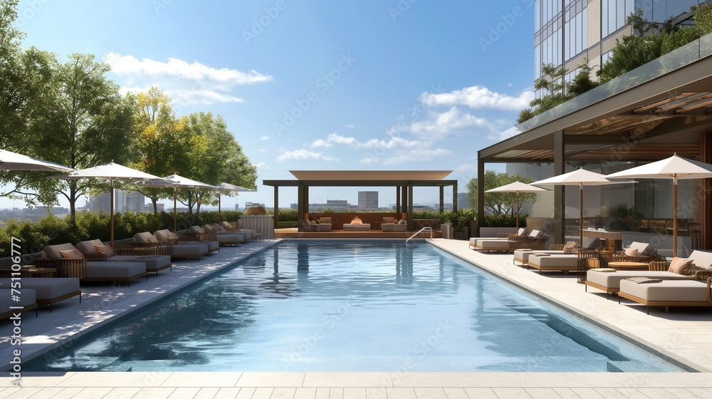 A sun-drenched scene unveils an upscale pool oasis with glistening water, complemented by upscale lounge areas and stylish cabanas