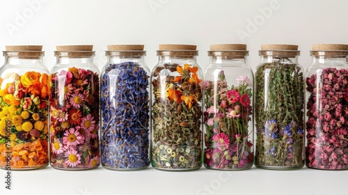 Different glass jars with vibrant dried flowers inside. Generative Ai