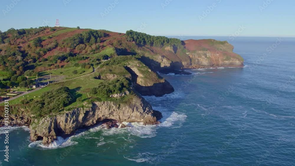 Rocky Cliffs By The Cantabrian Coastline Of Isla City, Aerial Spain. Rocky Cliffs By The Cantabrian Coastline Of Isla City, Aerial Spain.