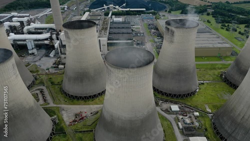 Ratcliffe-on-Soar power station aerial view looking down over smoking coal powered nuclear fired cooling towers photo
