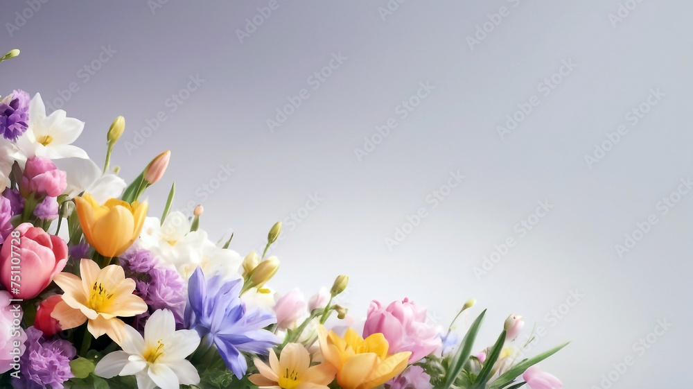 Fototapeta premium Spring flowers border with soft colors