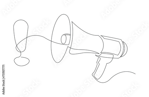 Continuous single line sketch drawing of megaphone exclamation mark attention warning sign one line vector illustration