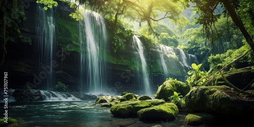 Waterfall is flowing in jungle. Waterfall in green forest. Mountain waterfall. Cascading stream in lush forest. Nature background. Rock or stone at waterfall. Water sustainability.