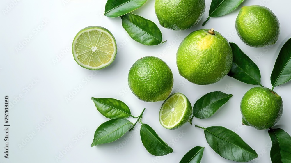 Fresh lime fruits on a white backdrop with the skin and foliage. Generative Ai