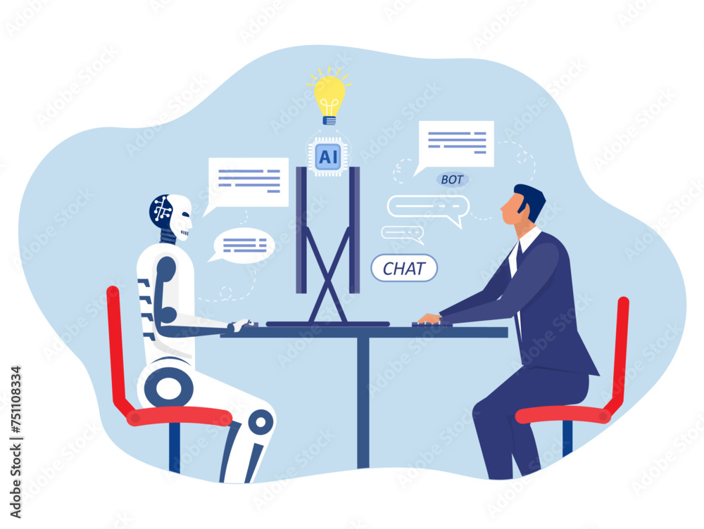 Chat bot,Businessman uses computer for consulting with. Artificial intelligence technology. Digital chat bot, robot application, conversation assistant concept. vector illustrator Chat bot,Businessman uses computer for consulting with. Artificial intelligence technology. Digital chat bot, robot application, conversation assistant concept. vector illustrator