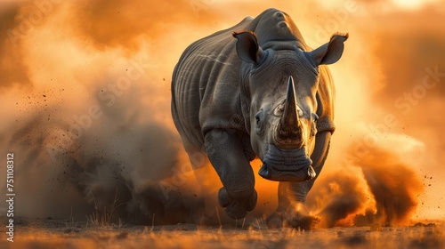 Magnificent rhino gracefully gliding across the dust. Generative Ai