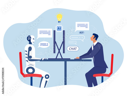 Chat bot,Businessman uses computer for consulting with. Artificial intelligence technology. Digital chat bot, robot application, conversation assistant concept. vector illustrator