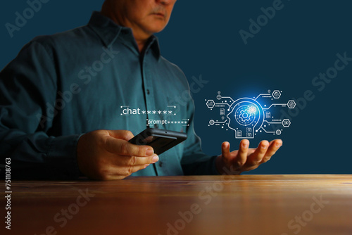 people using mobile phone chatting with AI learning human business action, business technology concept