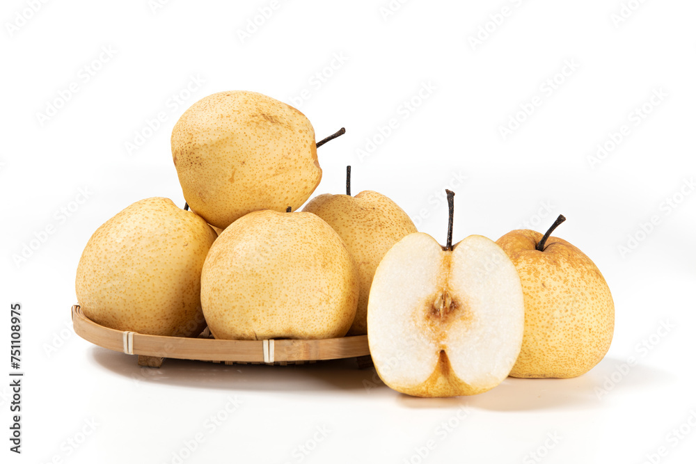 Asian pear fruit and half sliced isolated on white background. Asian pear fruit and half sliced isolated on white background.