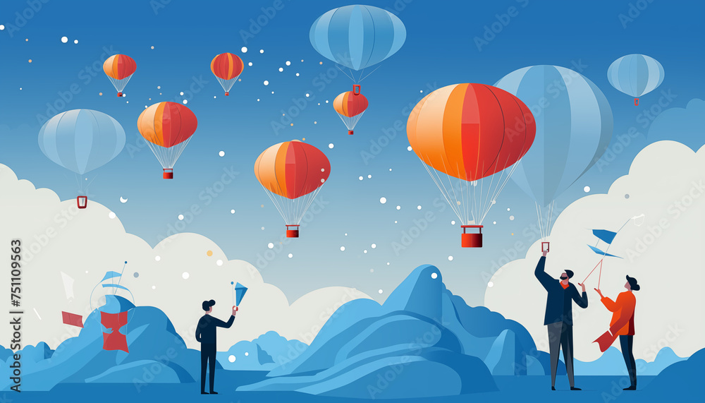 Obraz premium Cartoon-style Meteorologists Launching Weather Balloons 