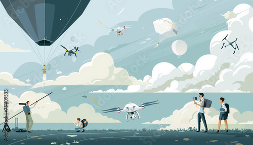 Cartoon-style Meteorologists Launching Weather Balloons
