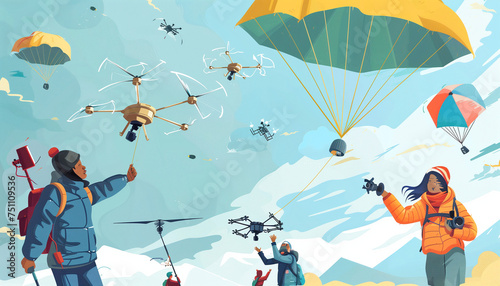 Cartoon-style Meteorologists Launching Weather Balloons
