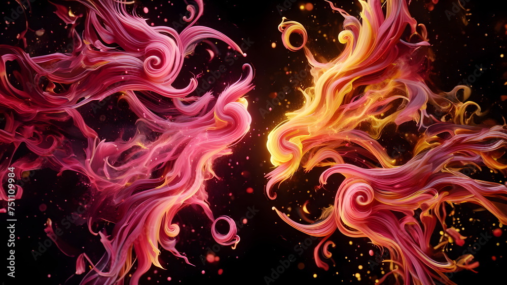 pink and yellow fire on clear black background, pink and yellow flames and sparks background