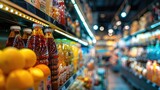 Various products on the blurred supermarket aisle. Generative Ai
