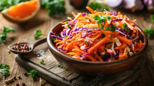 A wooden bowl filled with carrot and cabbage salad. Generative Ai