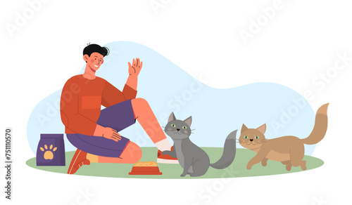 Man feed cats vector concept
