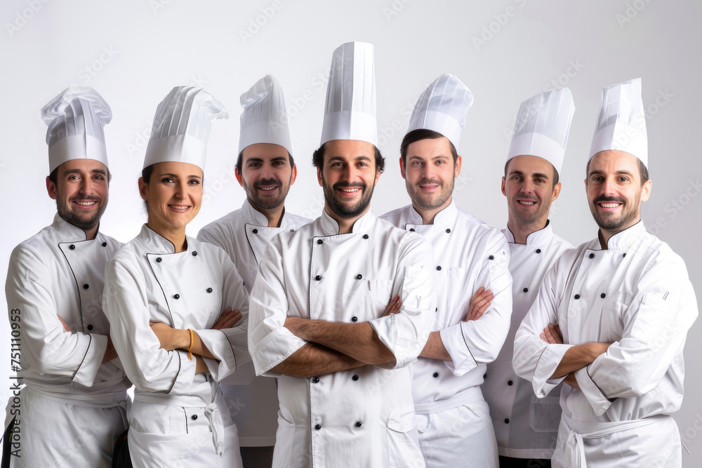 A group of French chefs against a white background