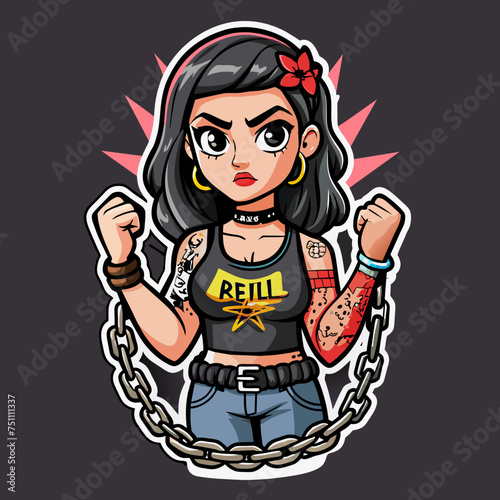 Tshirt sticker of a Rebel Cause Craft a rebellious depicting a girl flaunting a rebellious attitude in a tee adorned with rebellious motifs like graffiti, chains, and barbed wire, sending a message. photo