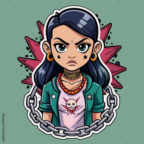 Tshirt sticker of a Rebel Cause Craft a rebellious depicting a girl flaunting a rebellious attitude in a tee adorned with rebellious motifs like graffiti, chains, and barbed wire, sending a message.