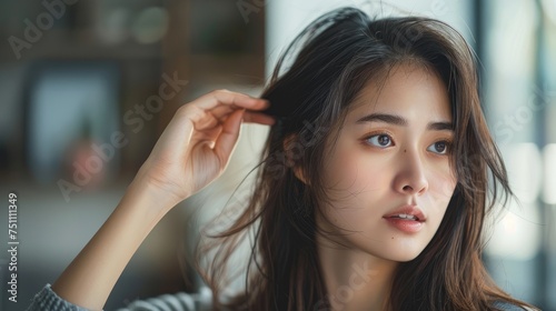 Asian woman worries as she checks her scalp for hair loss. Generative Ai