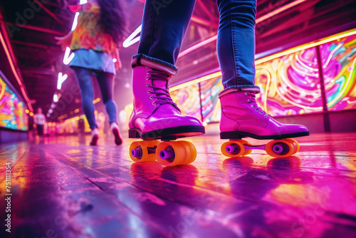 Vibrant Roller Skates on Neon-Lit Roller Disco Rink photo