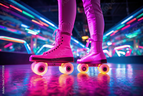 Vibrant Roller Skates on Neon-Lit Roller Disco Rink photo