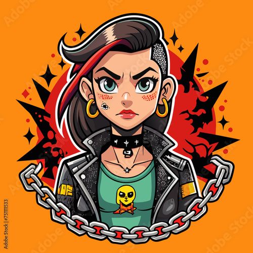 Tshirt sticker of a Rebel Cause Craft a rebellious depicting a girl flaunting a rebellious attitude in a tee adorned with rebellious motifs like graffiti  chains  and barbed wire  sending a message.