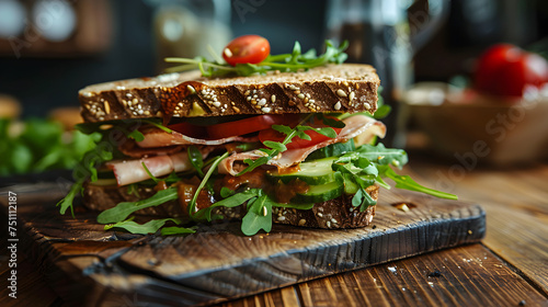  A close up of a sandwich with tomatoes, lettuce and meat, fresh vegan sandwich for a light and healthy meal 