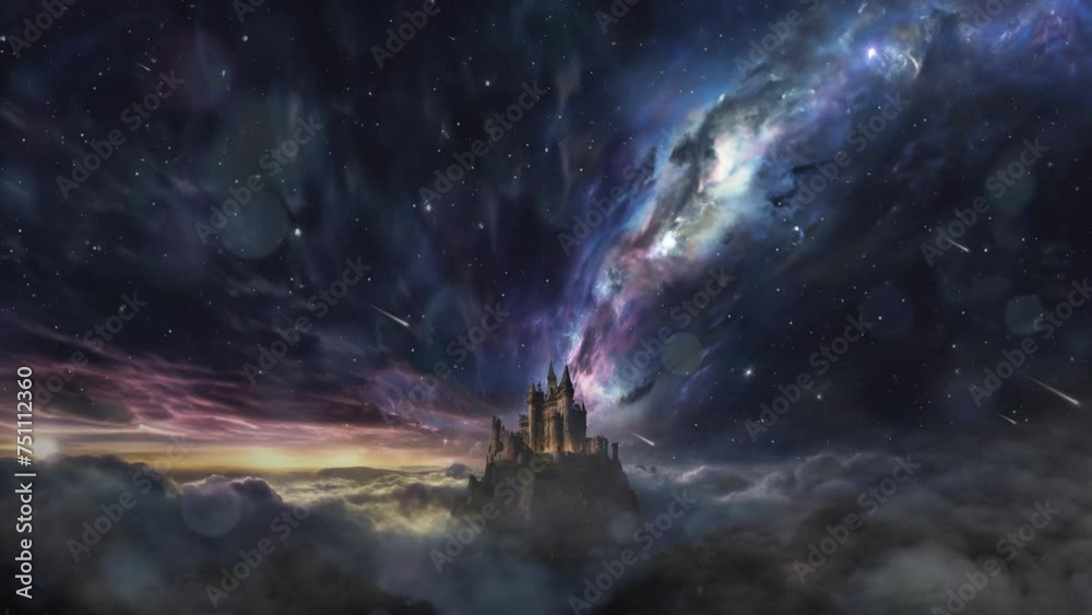 Epic galaxy over mountain top castle at night - ai animation Epic galaxy over mountain top castle at night - ai animation